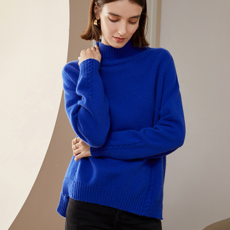 HALF LINE CABLE KNIT SLEEVE WITH HEM SLIT HALF HIGH NK SWEATER